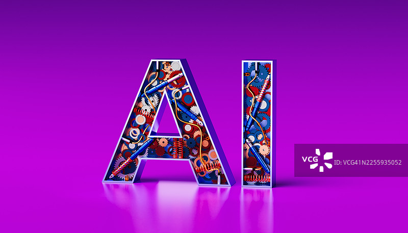 3D人工智能字母，内部机械齿轮，人工智能和机器学习的概念图片素材