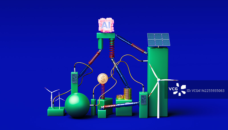 带有AI核心和可再生技术符号的绿色能源鲁布·戈德堡机械图片素材