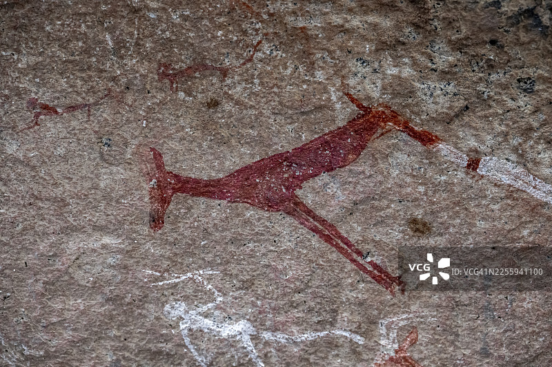 白夫人岩画，白夫人画作，猎人与动物的描绘，马克的庇护所岩画，奇萨布峡谷，布兰德堡，埃龙戈，纳米比亚图片素材