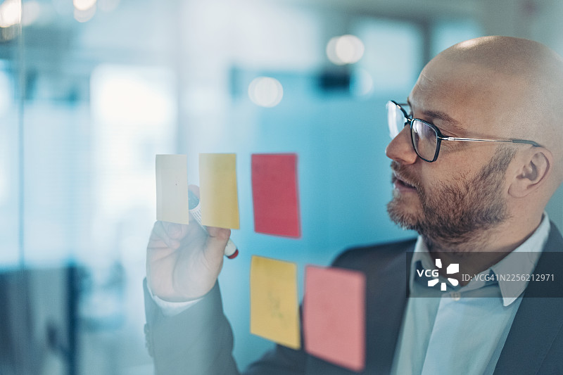 中年商人使用便利贴进行头脑风暴图片素材