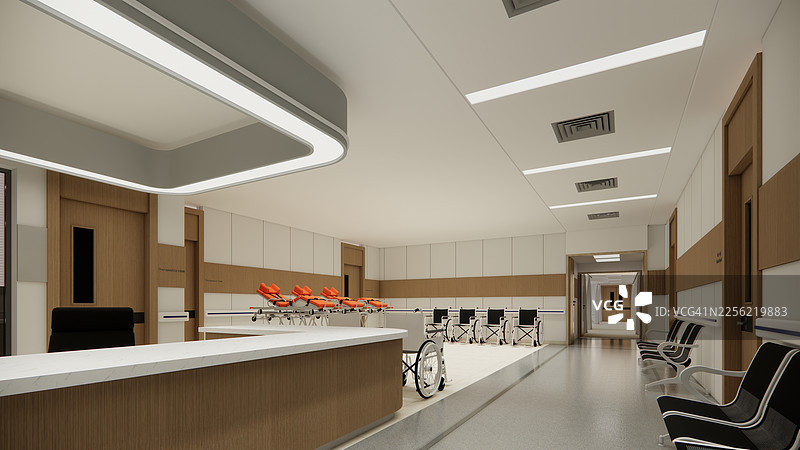 现代豪华医院病房内部，配有空床和扶手椅。现代手术室。现代手术室。图片素材
