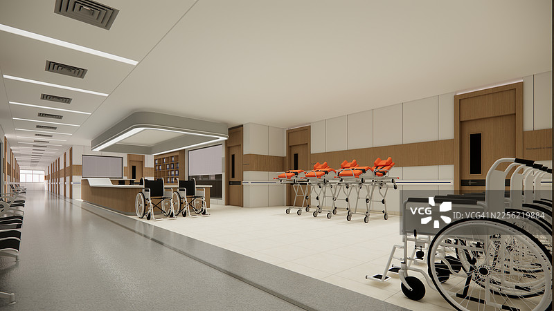 现代豪华病房室内，配有空床和扶手椅。现代手术室。现代手术室。图片素材