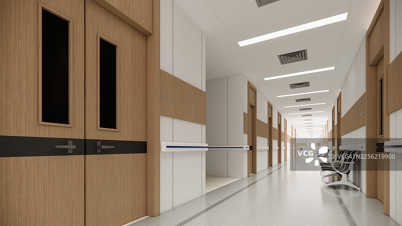 现代豪华病房内部，配有空床和扶手椅。现代手术室。现代手术室。图片素材