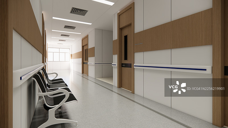 现代豪华病房室内，配有空床和扶手椅。现代手术室。现代手术室。图片素材