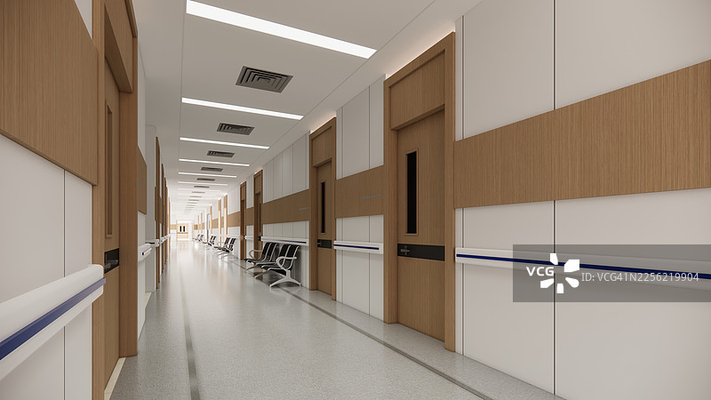 现代豪华医院病房内部，配有空床和扶手椅。现代手术室。现代手术室。图片素材