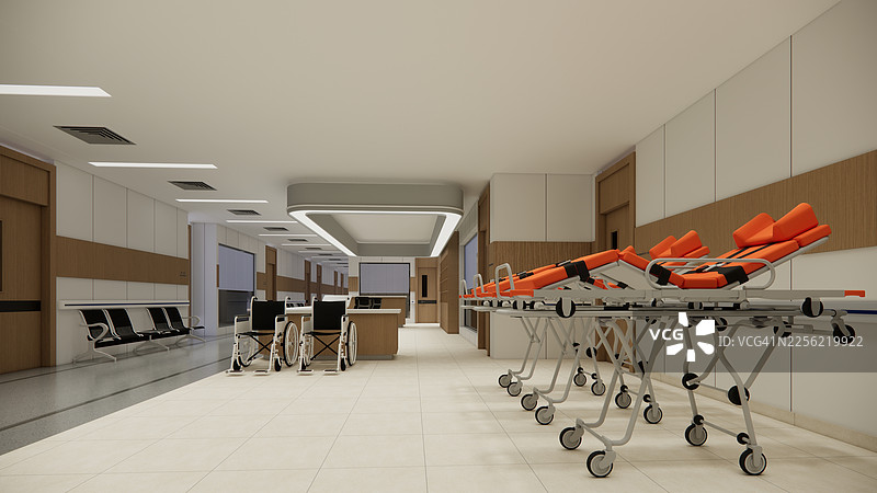 现代豪华医院病房内部，配有空床和扶手椅。现代手术室。现代手术室。图片素材