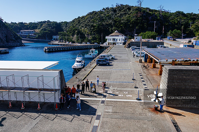 游客在码头登船下船聚集。東海汽船的Salvia Maru号从神津岛抵达。式根岛野伏港的场景。图片素材