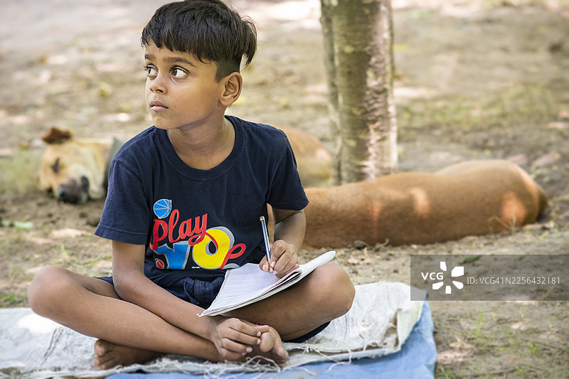 户外肖像：印度乡村晚期青少年男孩在笔记本上写笔记并做家庭作业。图片素材