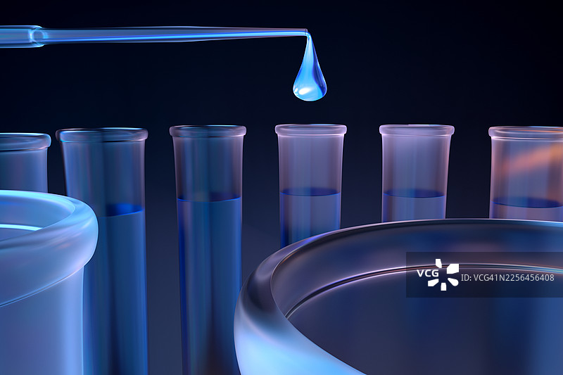 将蓝色液体滴入试管，科学研究概念图片素材