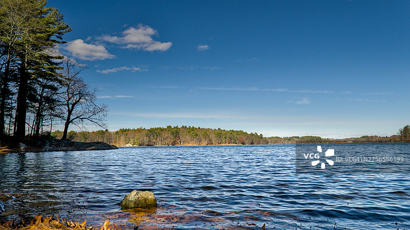 美国马萨诸塞州梅德福米德尔塞克斯费尔斯，明亮的蓝天下远眺森林和湖泊的美景图片素材