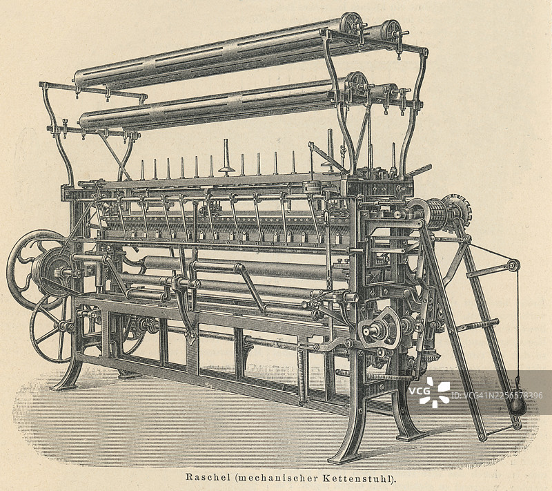 老式雕刻插图，描绘了老式编织机和织布机图片素材