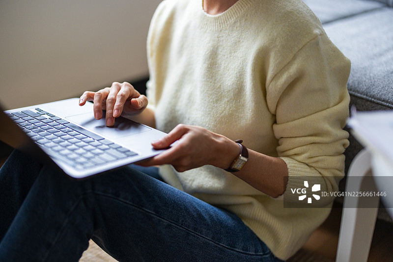 舒适的家庭办公室里有人在用笔记本电脑打字图片素材