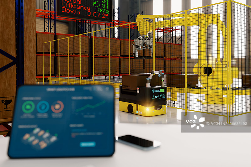 智能仓库管理，配备自动导引车、搬运机器人及协作机器人，应用于工业4.0自动化工厂图片素材
