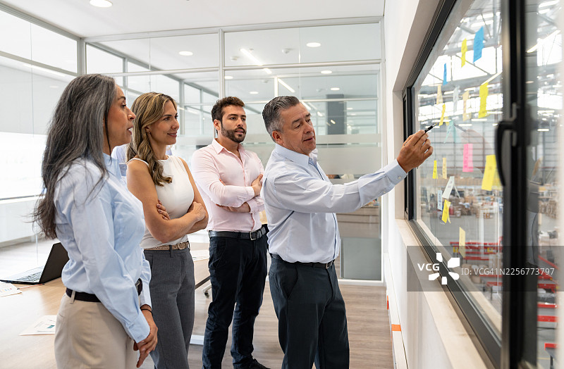 一群商务人士在仓库会议中，指向便签纸图片素材