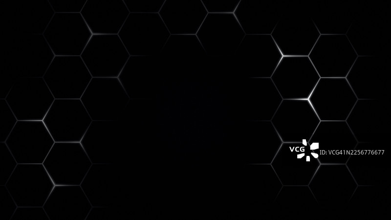 黑色背景上的发光金属六边形图案。科技、连接和数据概念。图片素材