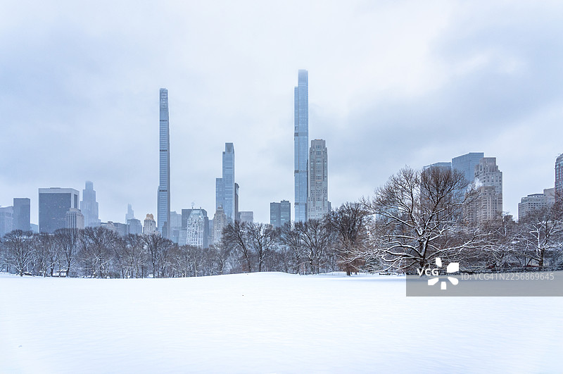 雪中的中央公园和纽约天际线图片素材