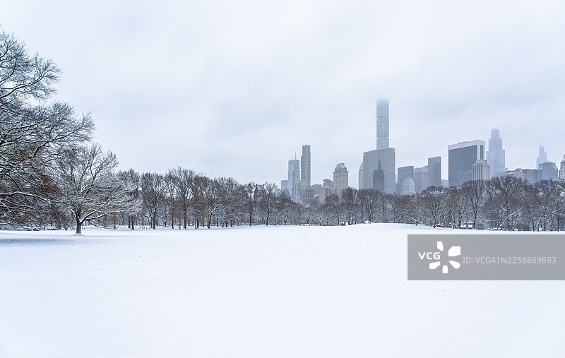 雪中的中央公园和纽约天际线图片素材