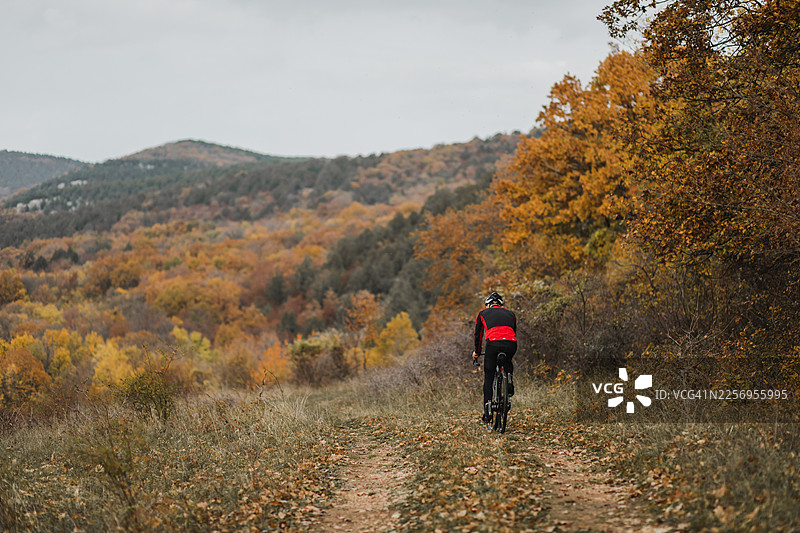 骑行者在秋季森林的砂石路上骑行，背景有山丘。从后面看的骑行概念。图片素材