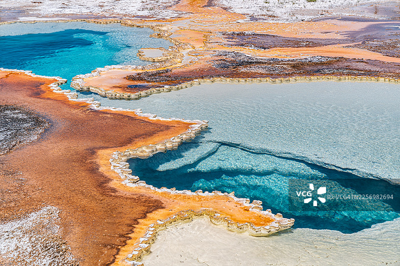 高角度俯视生机勃勃的盐湖，色彩和纹理各异，展现出天然的地质构造图片素材
