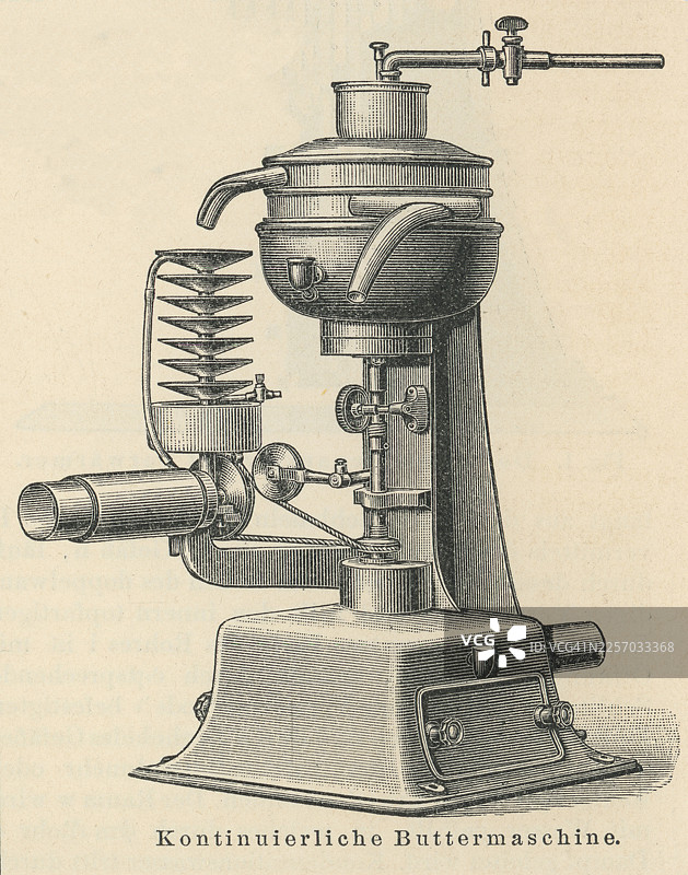 老式雕刻插图，展示一台用于制作和搅打黄油的机器——一个黄油搅拌器图片素材