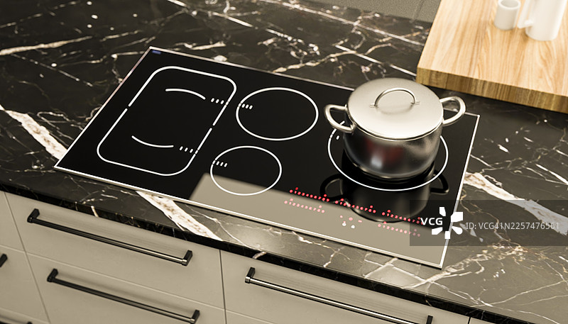 大理石台面上的现代电磁炉和锅图片素材