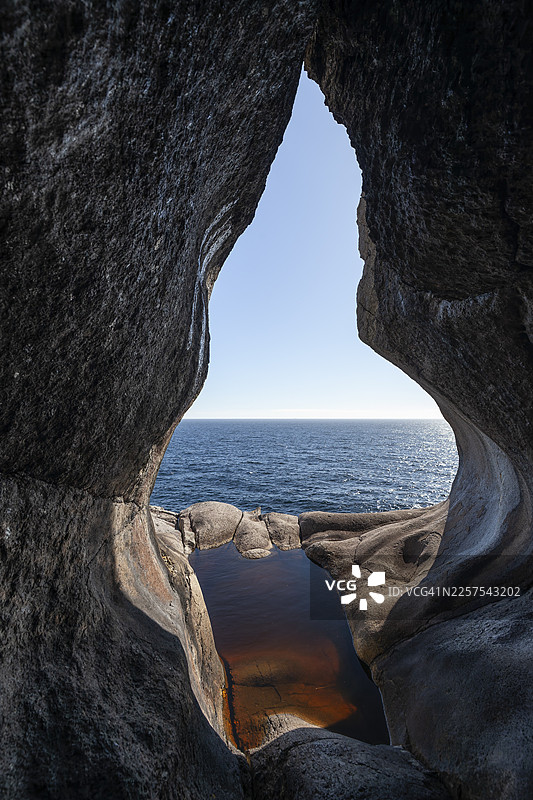 阳光明媚的夏日，从岩石洞穴眺望碧蓝大海。布鲁菲尔洞穴 (Brufjellhålene)，阿格德尔，挪威图片素材