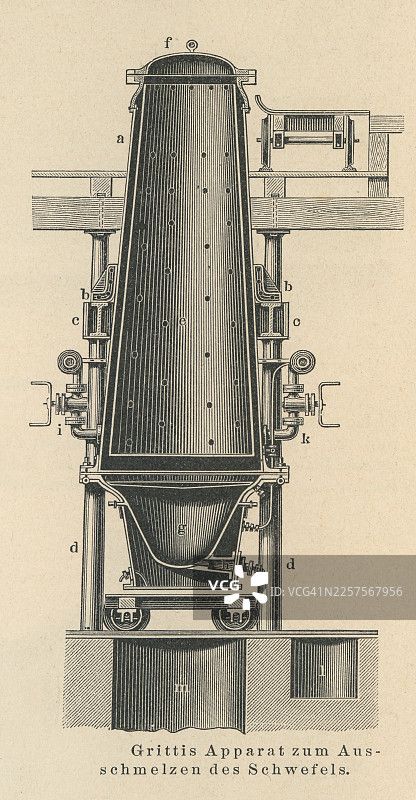 硫磺生产设备的旧雕刻插图（熔炉和升华装置）图片素材