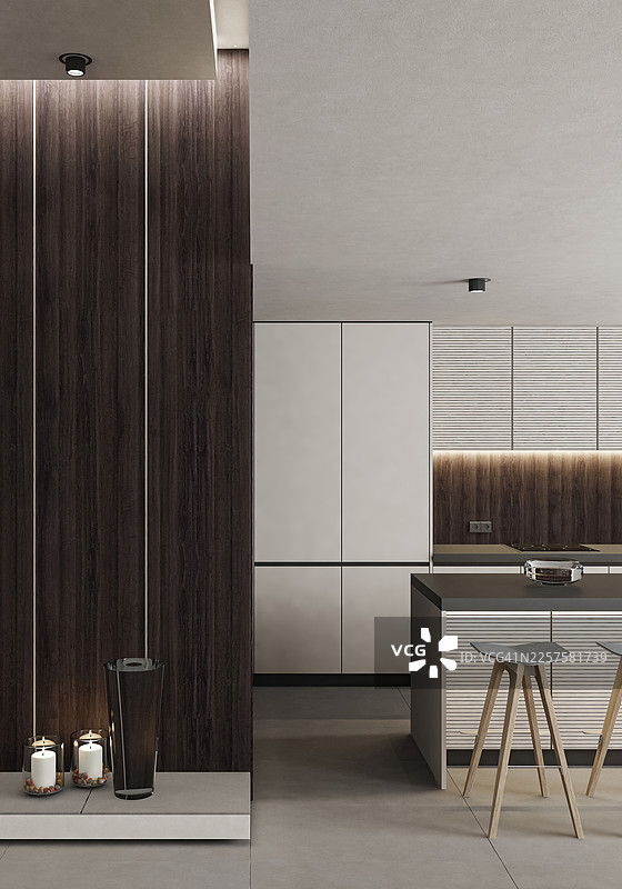 现代日式简约白色厨房，搭配深木色和中性色调图片素材