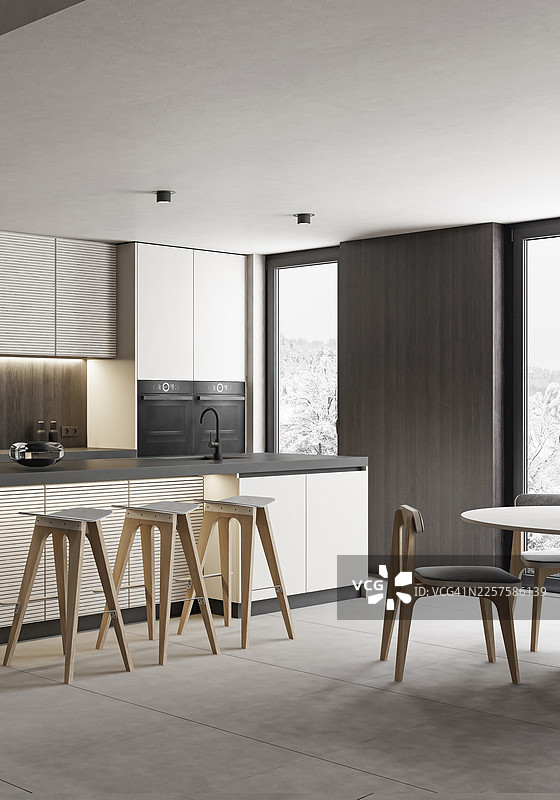 现代日式简约白色厨房，搭配深色木材和中性色调图片素材