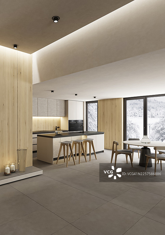 现代日式简约白色厨房，搭配原木和中性色调图片素材