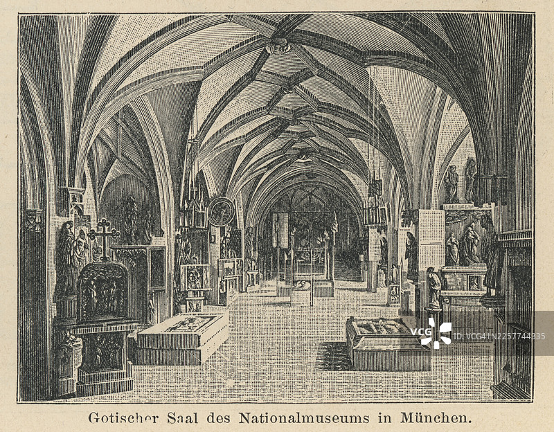 慕尼黑巴伐利亚国家博物馆的旧蚀刻插图，它是欧洲最重要的装饰艺术博物馆之一，也是德国最大的艺术博物馆之一。图片素材
