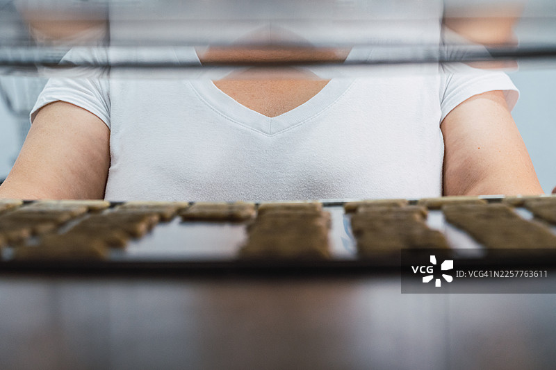 从烘焙师烤箱内部拍摄的特写镜头，她将一盘待烘烤的饼干放入其中。图片素材