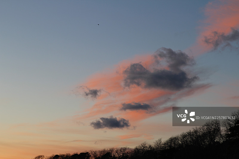 日落时分科德角上空梦幻般的粉色云彩。马萨诸塞州韦尔弗利特梅奥海滩。图片素材