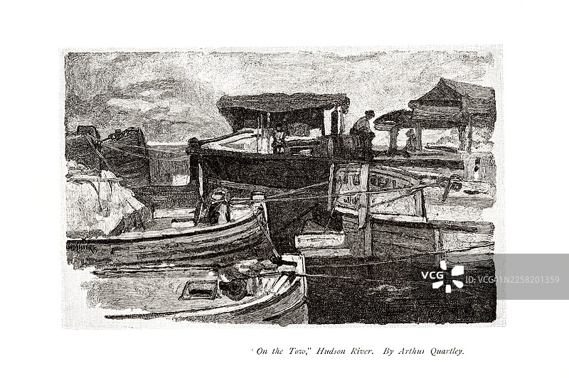 哈德逊河上的船只 - 古董雕版画图片素材