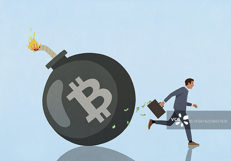 一个巨大的比特币炸弹，在背着钱箱的奔跑的投资者身后滚动图片素材
