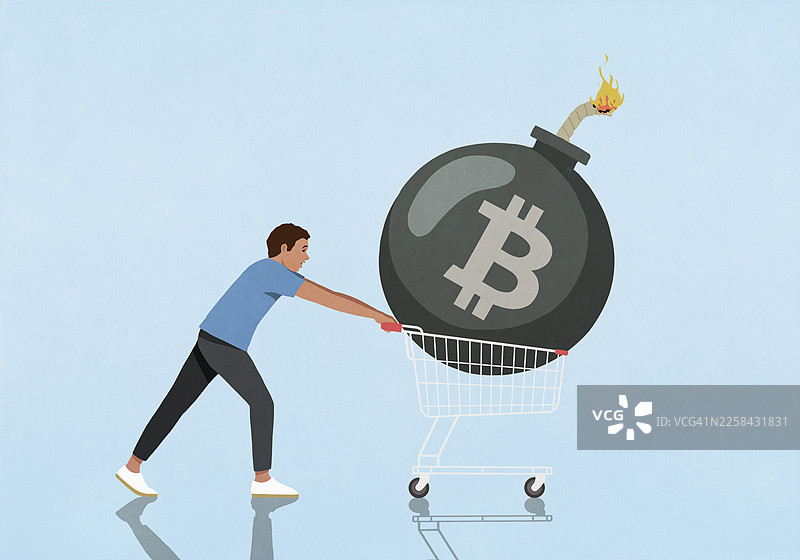 男人在购物车里推着巨大的比特币炸弹，背景为蓝色图片素材