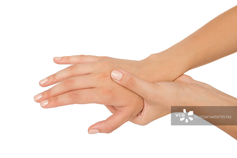 年轻女人触摸受伤的手图片素材