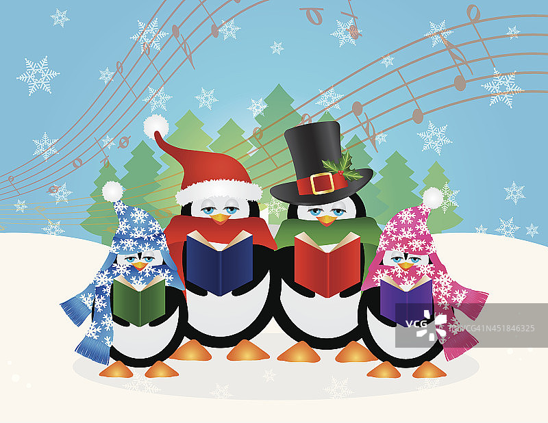 企鹅圣诞颂歌演唱者雪景矢量插画图片素材