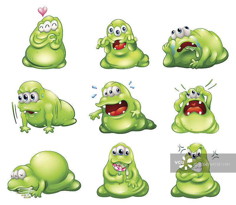 九个从事不同活动的绿色怪物图片素材