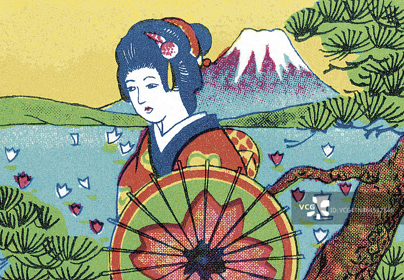 艺伎与风景湖图片素材