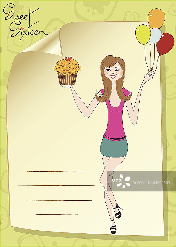 年轻女孩的甜蜜十六岁生日贺卡图片素材