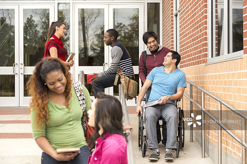 教育：残疾学生在大学校园里被帮助走下轮椅坡道图片素材