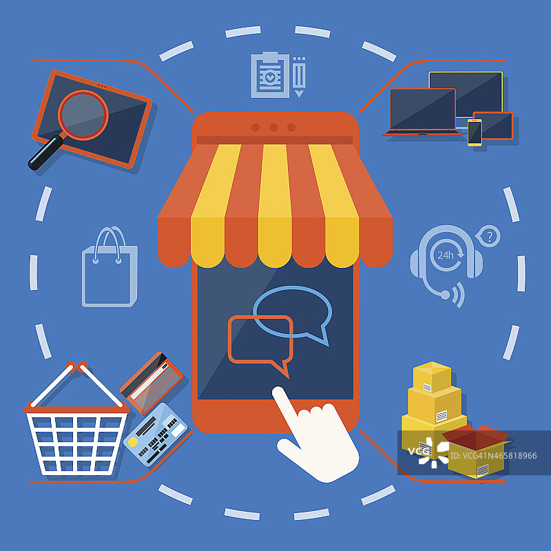 带遮阳篷的智能手机：网上购物概念图片素材