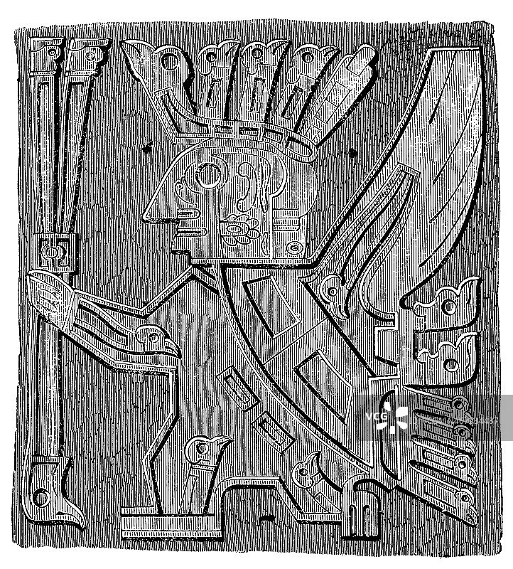 古董插画：秘鲁蒂瓦纳库巨石门细节图片素材