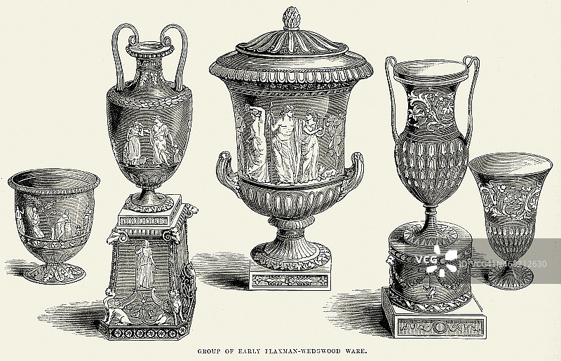 19世纪的亚麻人韦奇伍德瓮和花瓶图片素材
