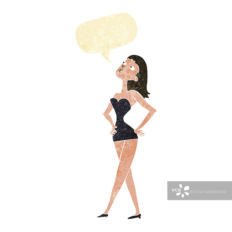 穿着派对礼服的卡通女人，带对话气泡图片素材