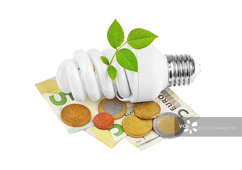 节能灯泡、金钱与植物图片素材