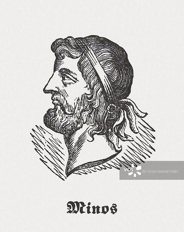弥诺斯，宙斯和欧罗巴之子，1864年出版的木刻版画图片素材