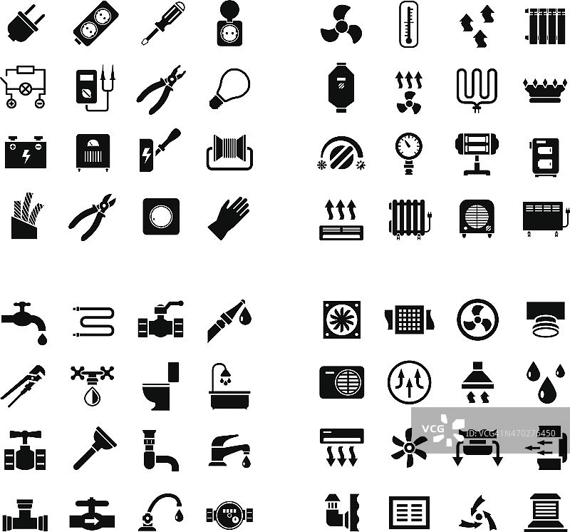 房屋系统图标：电气、暖气、管道、通风图片素材