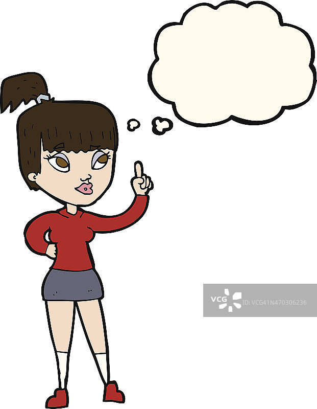 卡通有想法的迷人女孩与思想泡泡图片素材